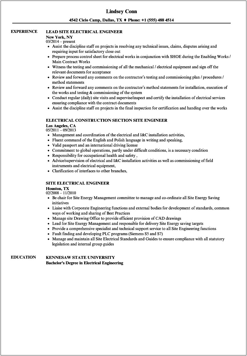 Example Of Electrical Engineering Resume