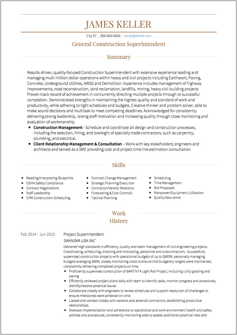 Example Of Electrical Superintendent Resume