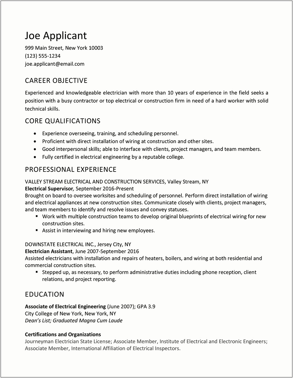 Example Of Electrical Trade Assistant Resume