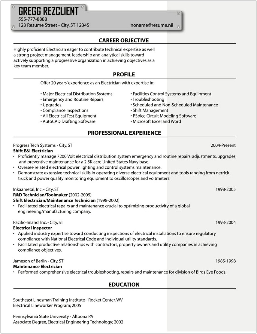 Example Of Electrician Apprentice Resume
