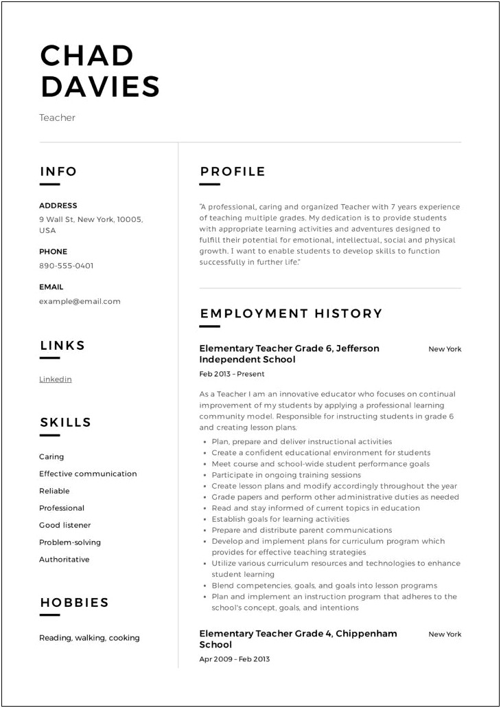 Example Of Elementary Teaching Summaries On Resume