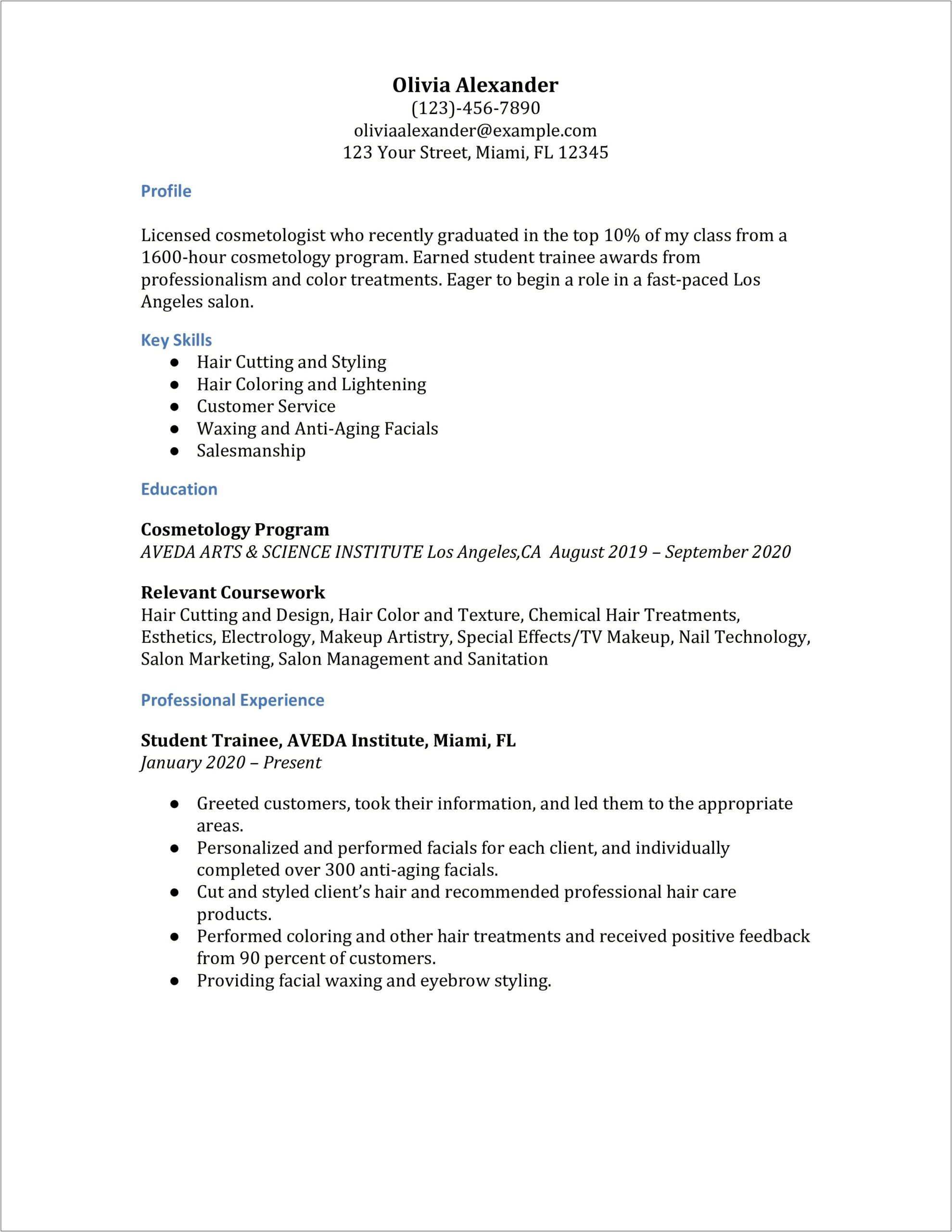 Example Of Entry Level Cosmetologist Resume