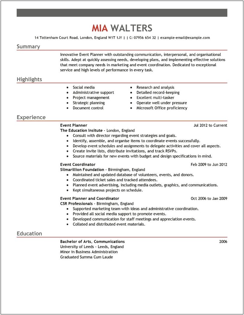 Example Of Event Planner Resume