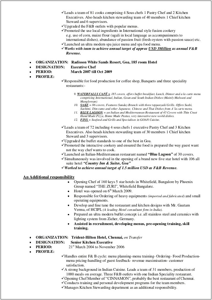 Example Of Executive Chef Resume