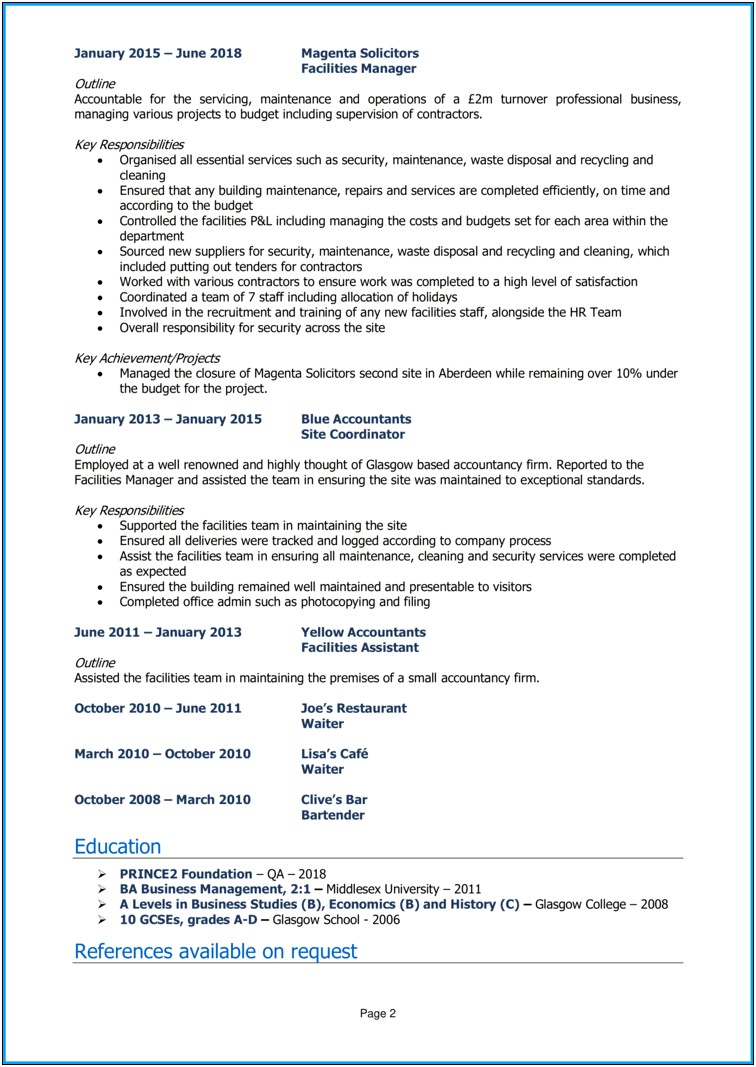 Example Of Facilities Manager Resume