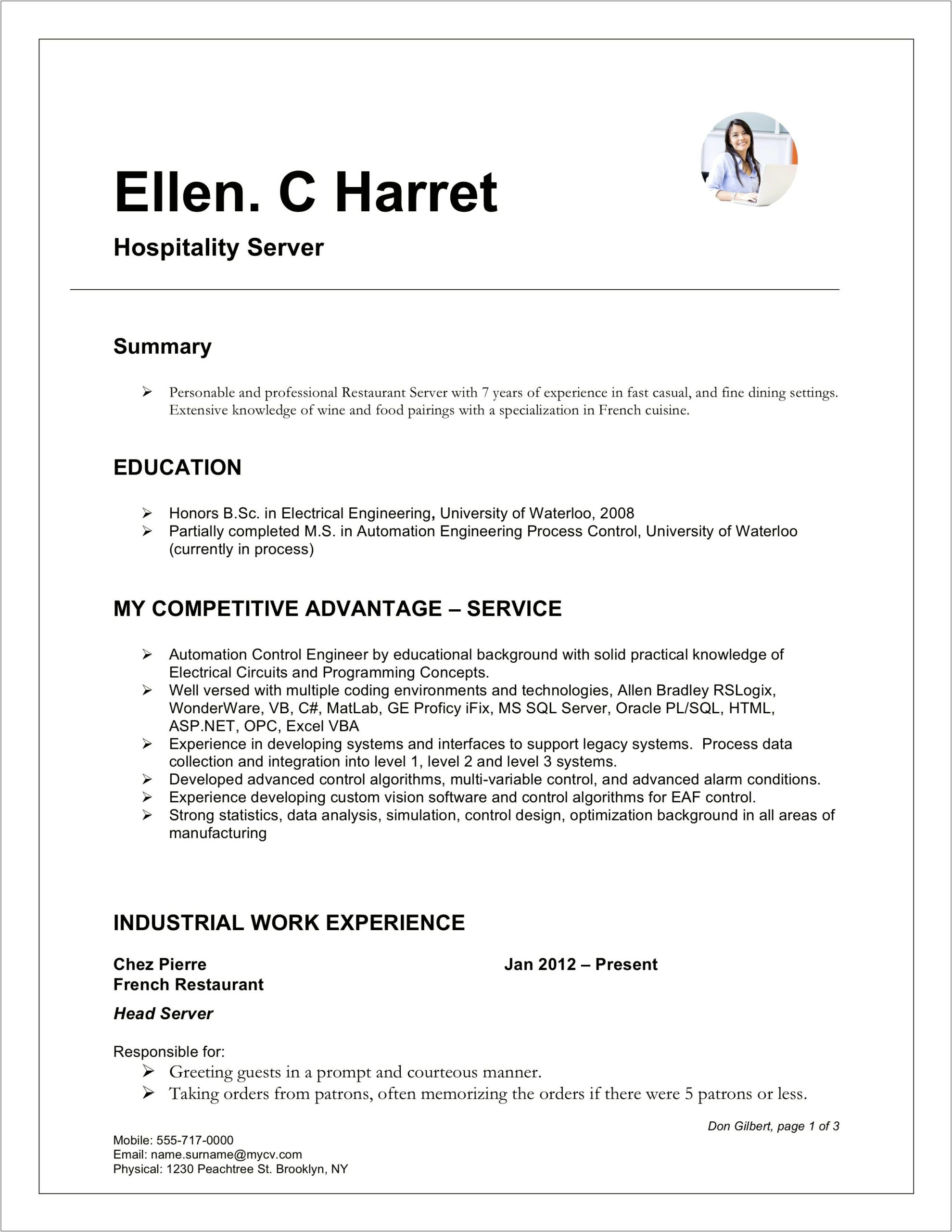 Example Of Fine Dining Resume