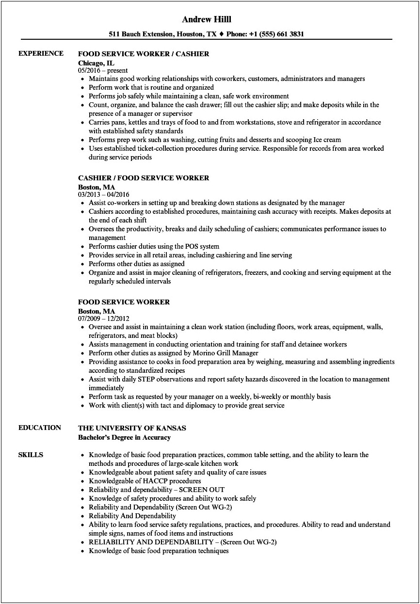 Example Of Food Industry Resume