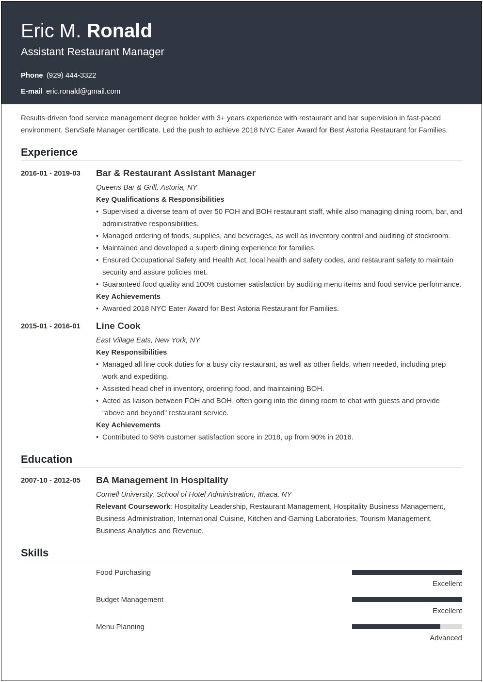 Example Of Food Service General Manager Resume