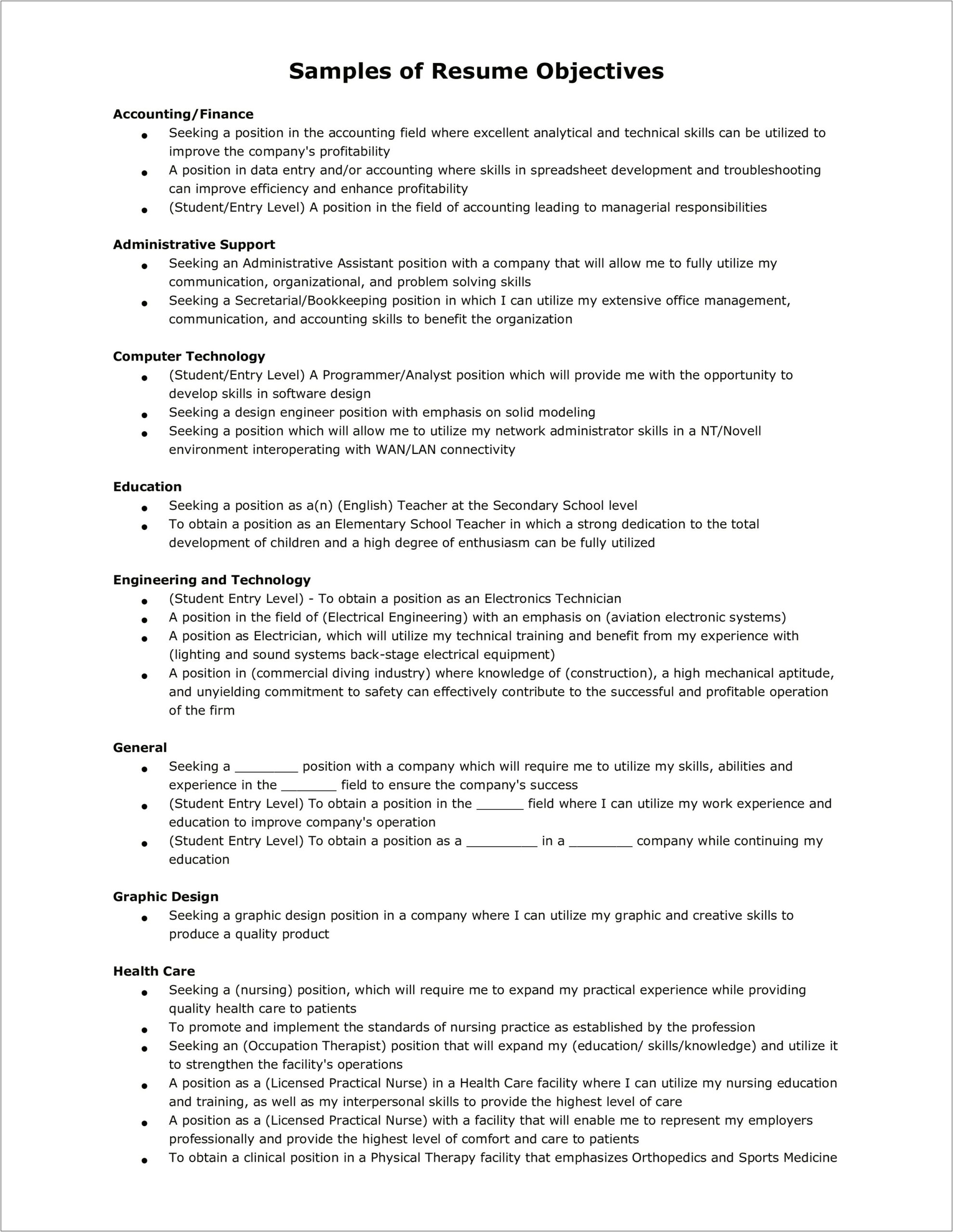 Example Of General Resume Objective