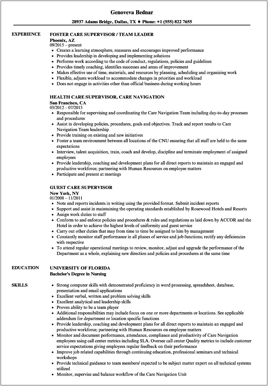 Example Of Health Care Supervisor Resume
