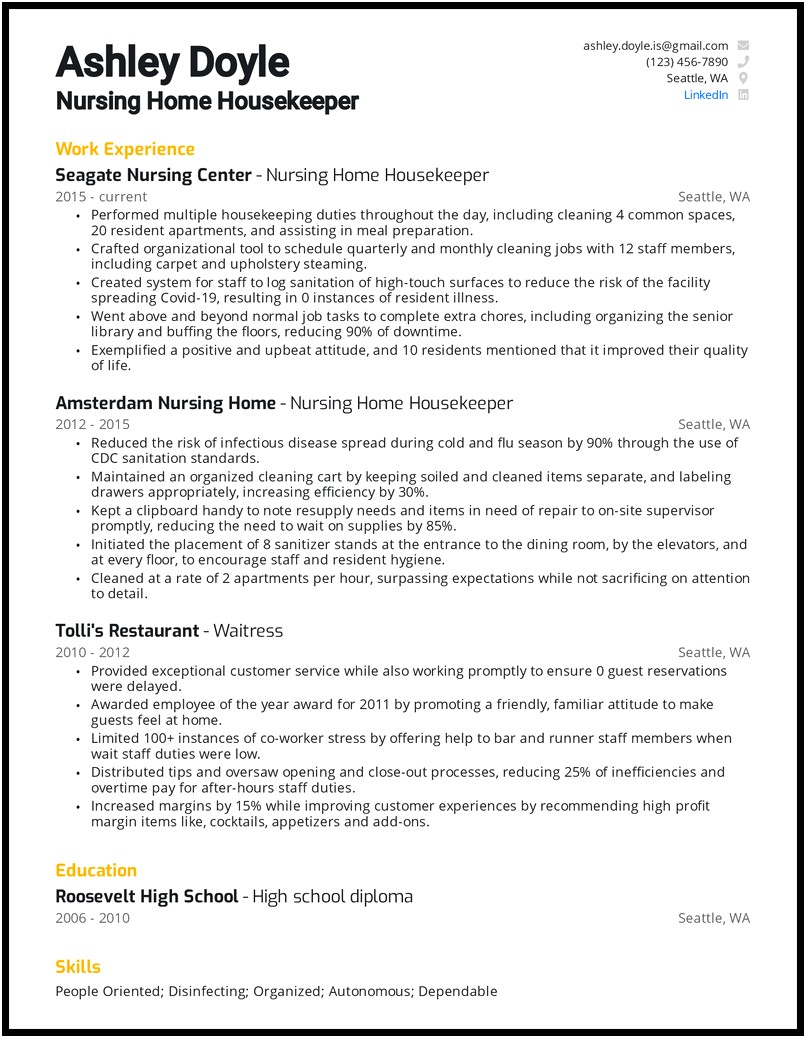 Example Of Hospital Housekeeping Resume