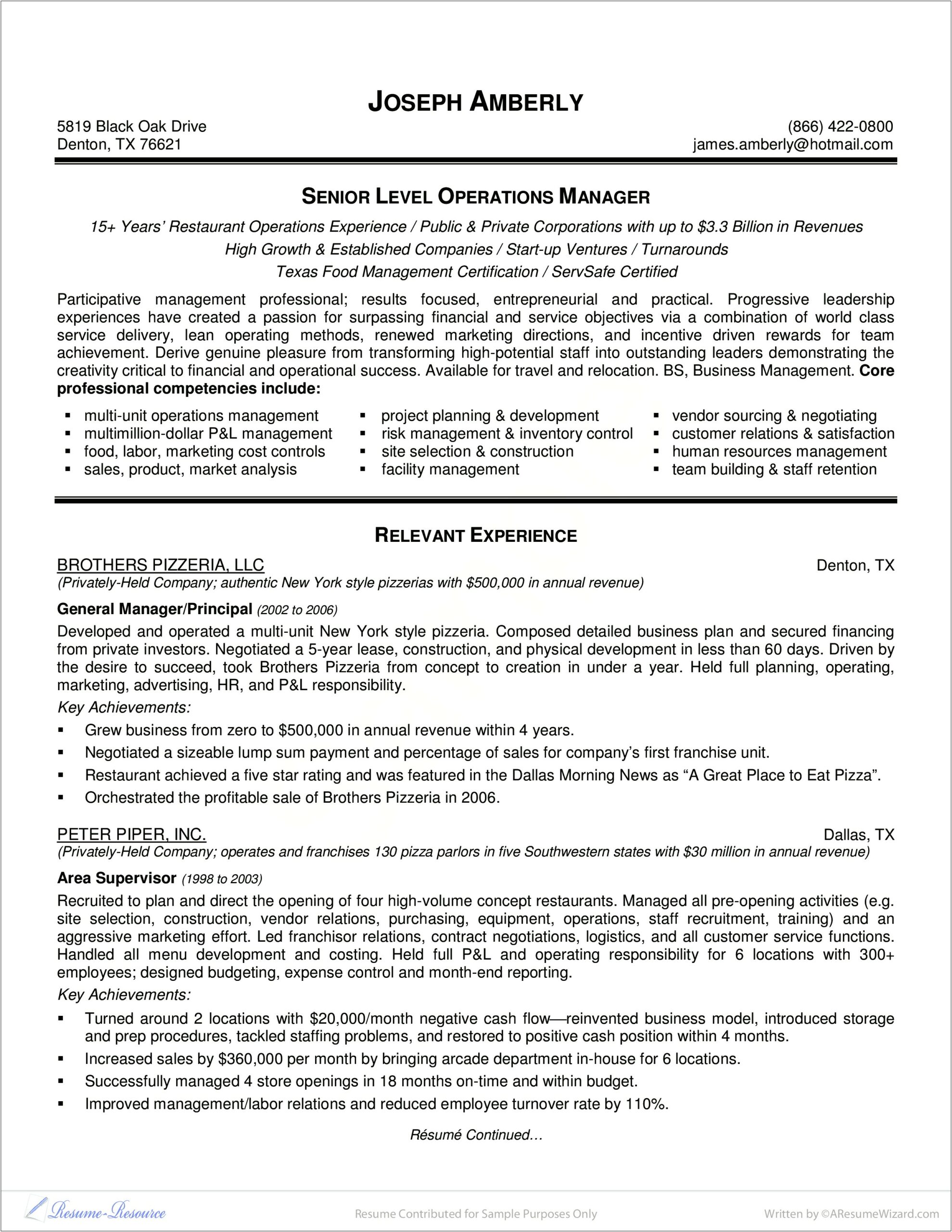 Example Of Hotel General Manager Resume