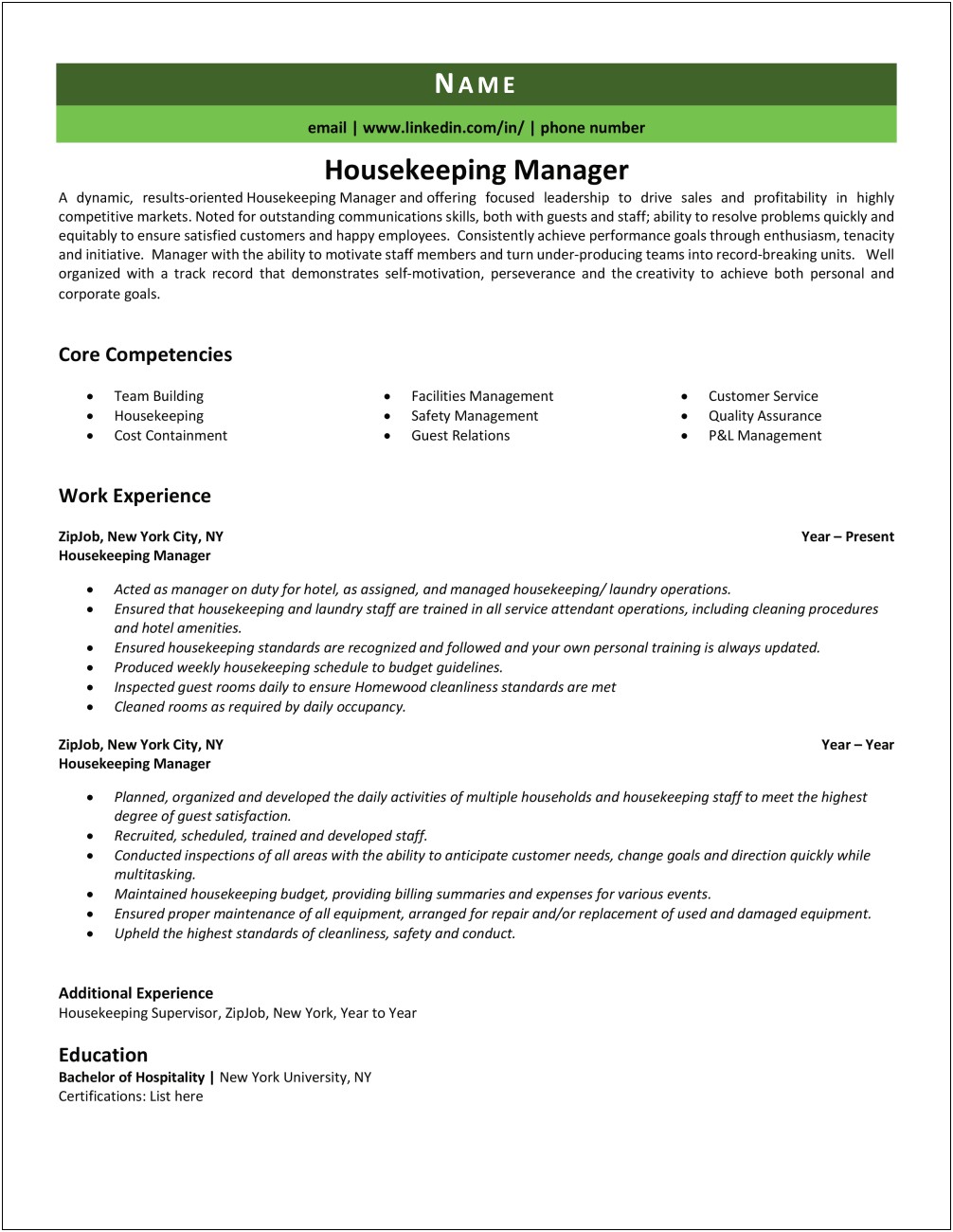 Example Of Housekeeping Supervisor Resume