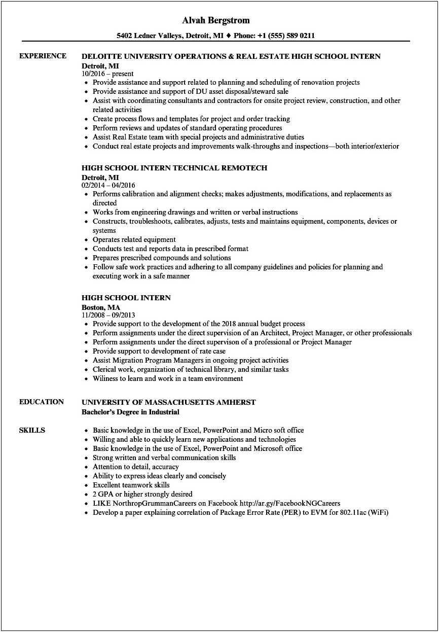 Example Of Hs Experience On Resume