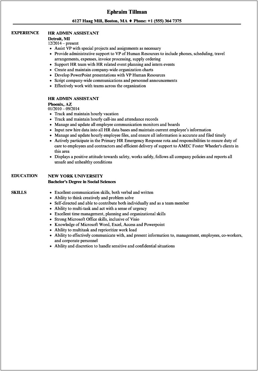Example Of Human Resources Assistant Resume