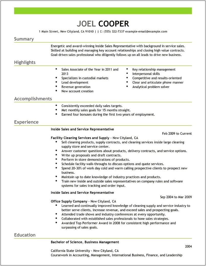 Example Of Inside Sales Resume