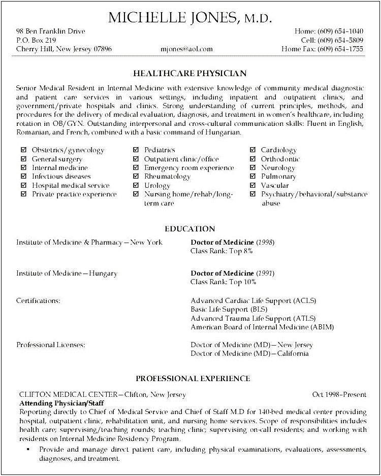 Example Of Internal Medicine Doctor Resume
