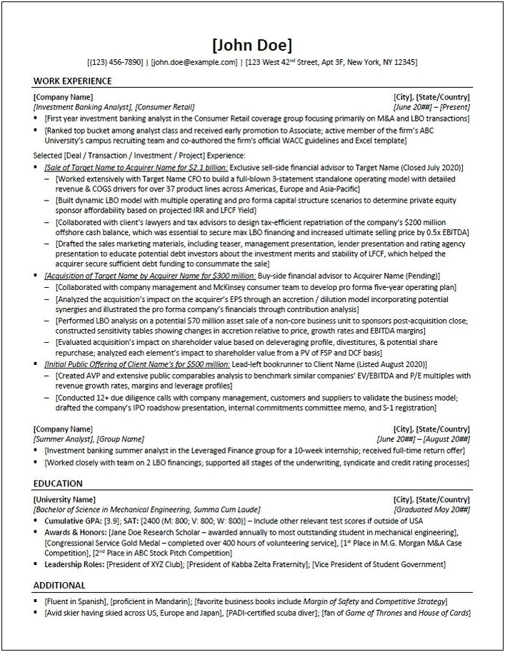 Example Of Investment Banking Resume