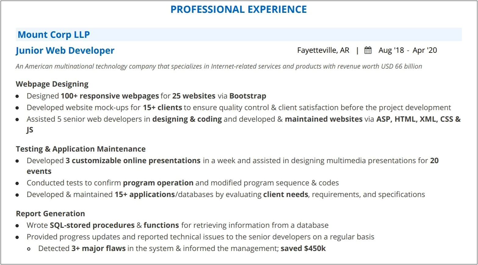 Example Of Junior Web Developer Resume