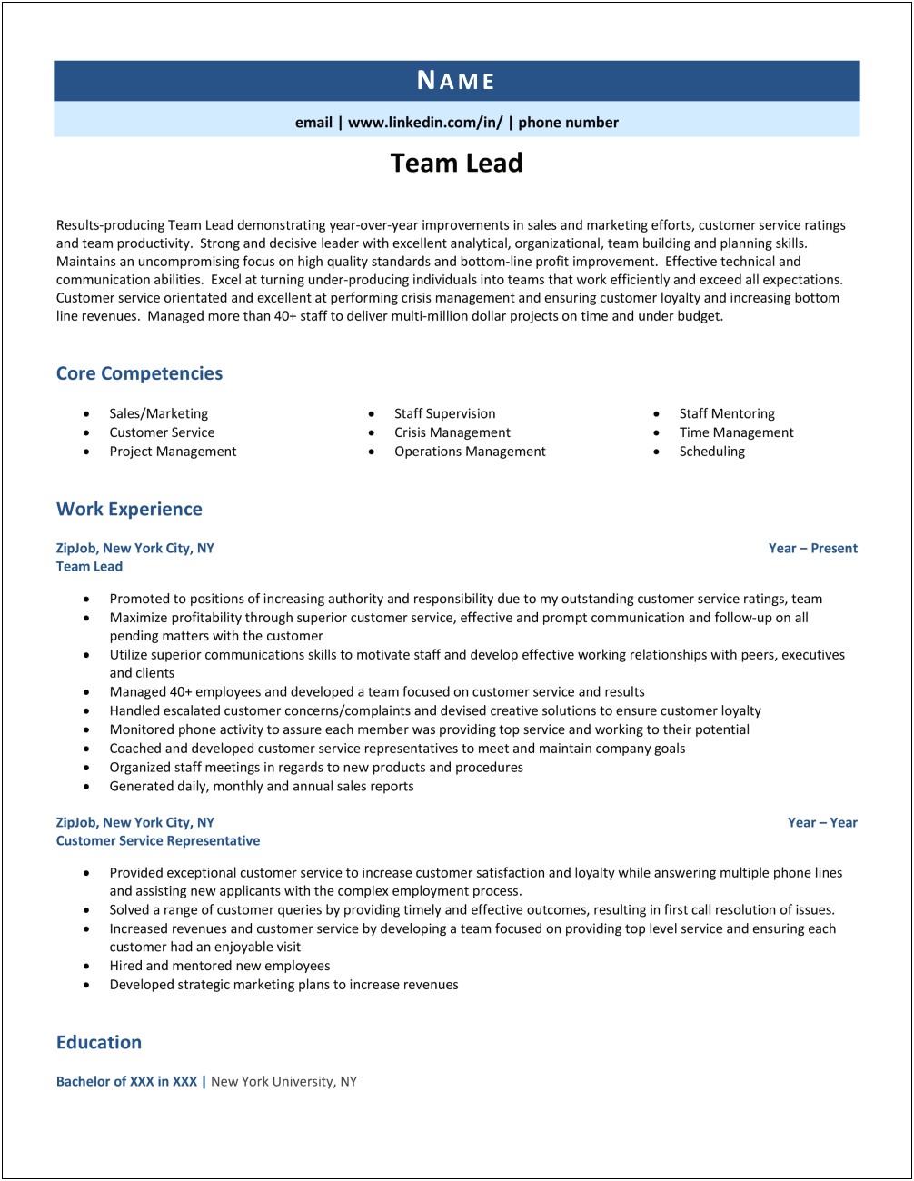 Example Of Leading A Team On A Resume