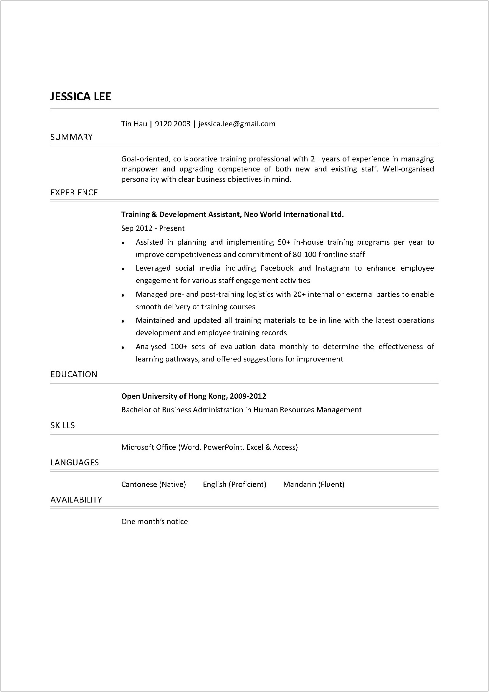 Example Of Learning And Development Resume
