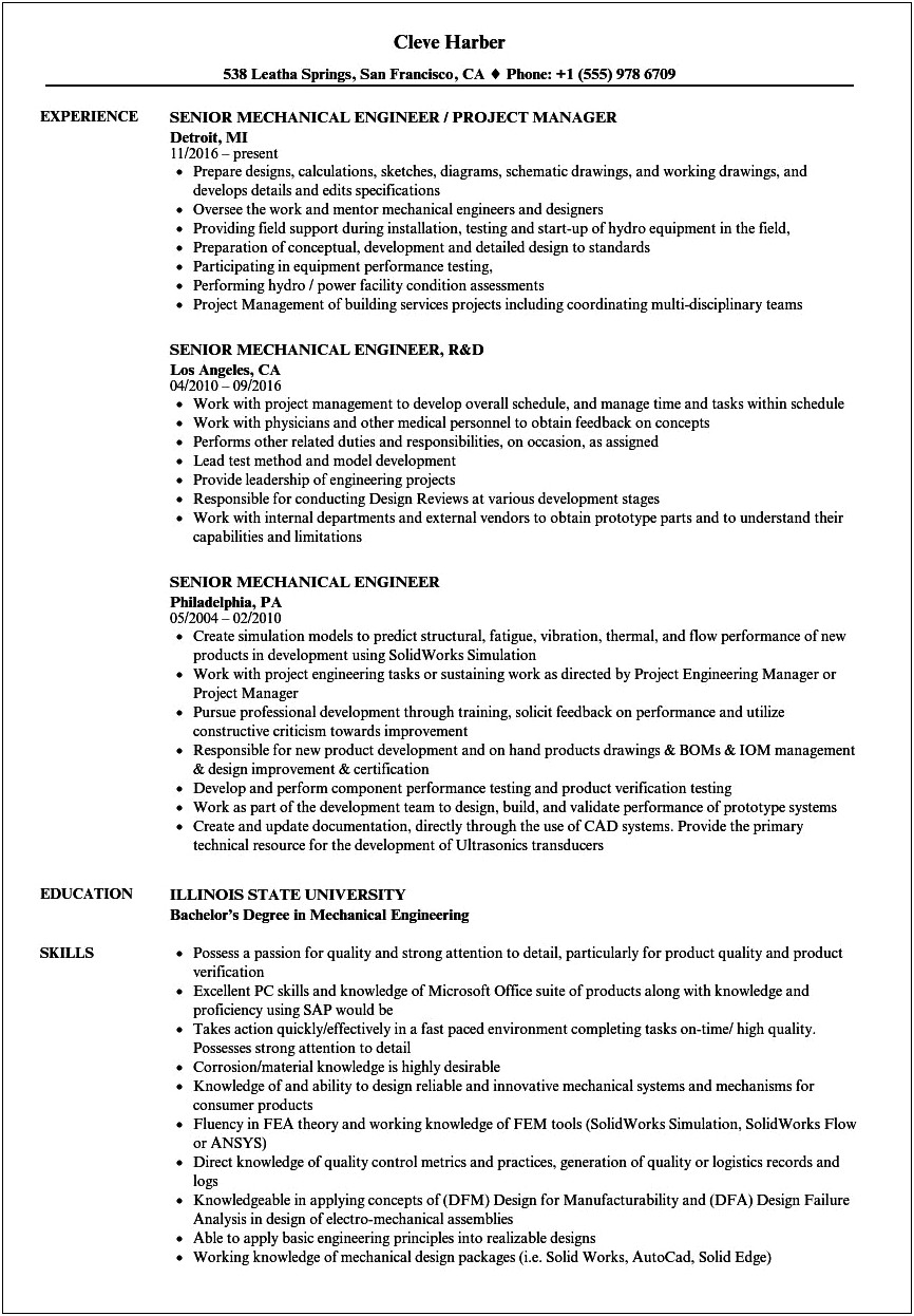 Example Of Mechanical Engineering Resume With Experience