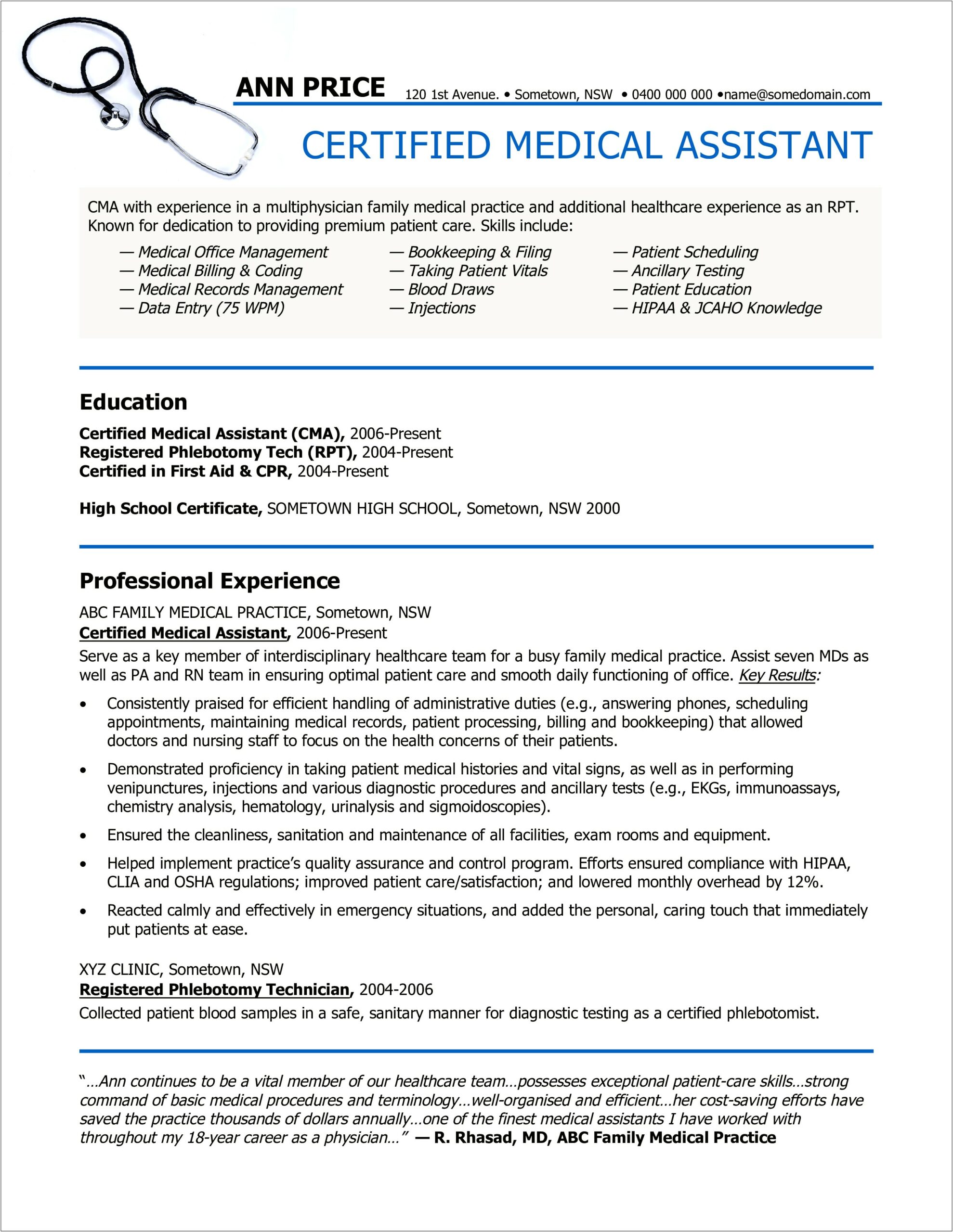 Example Of Medical Assistant Resume Objective