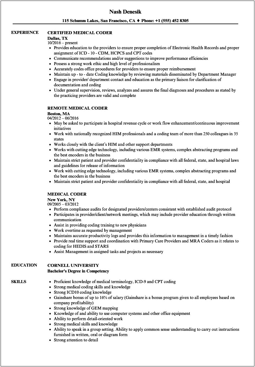 Example Of Medical Coder Resume