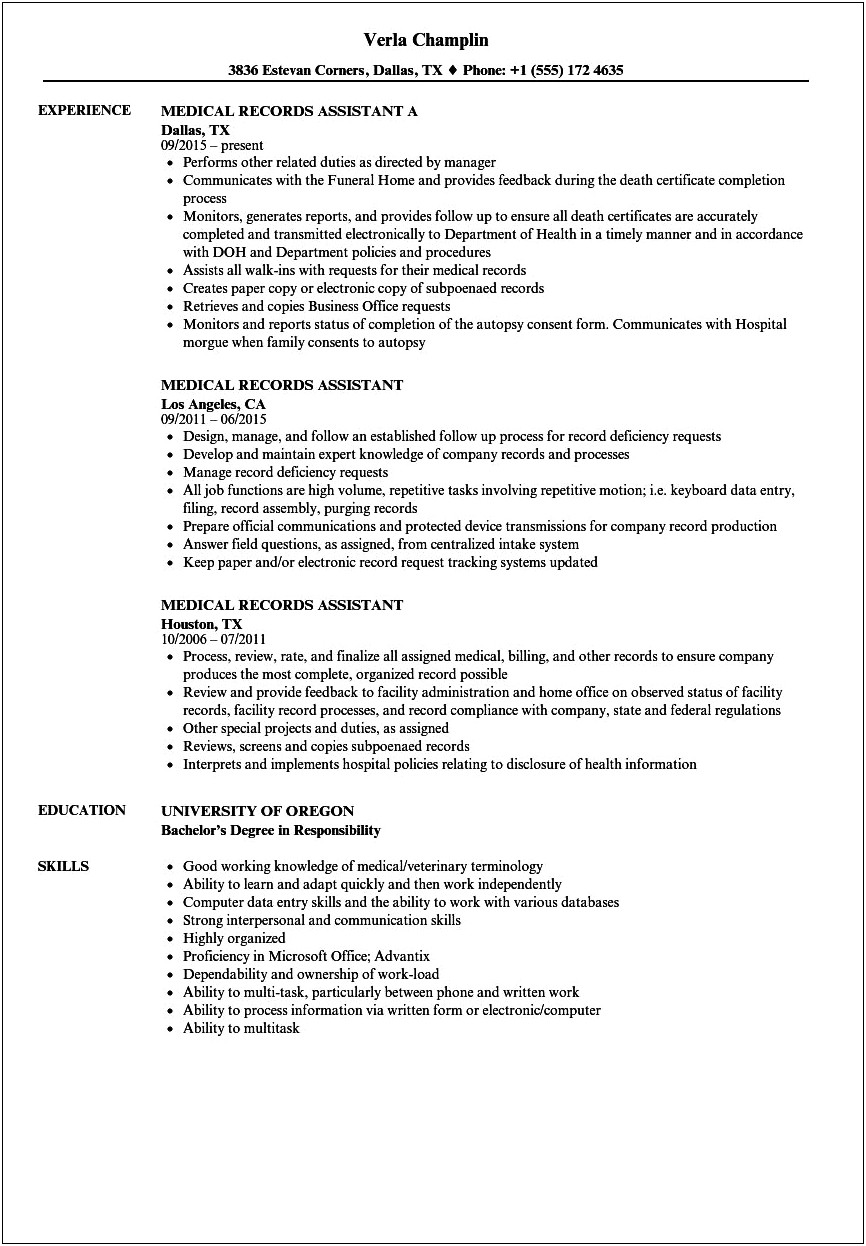 Example Of Medical Records Resume