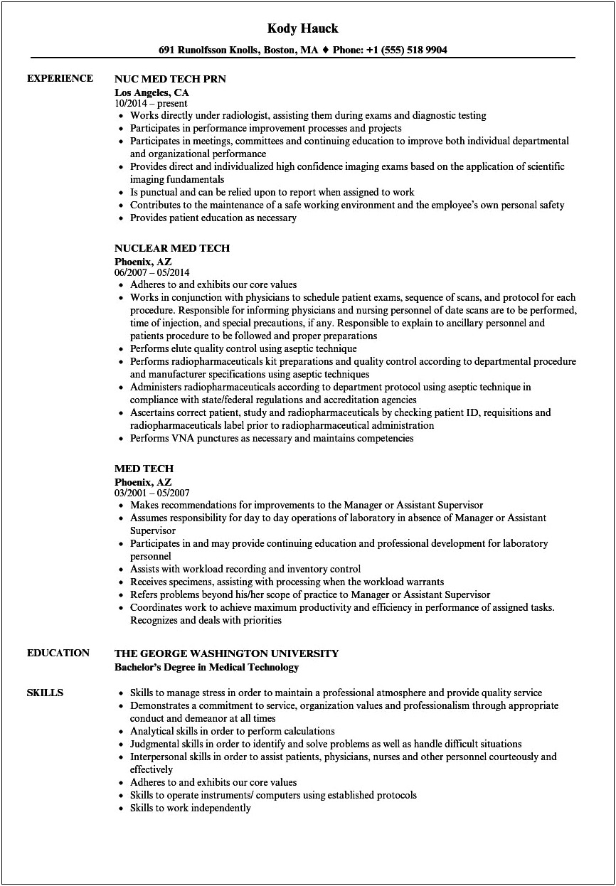 Example Of Medical Technology Resume