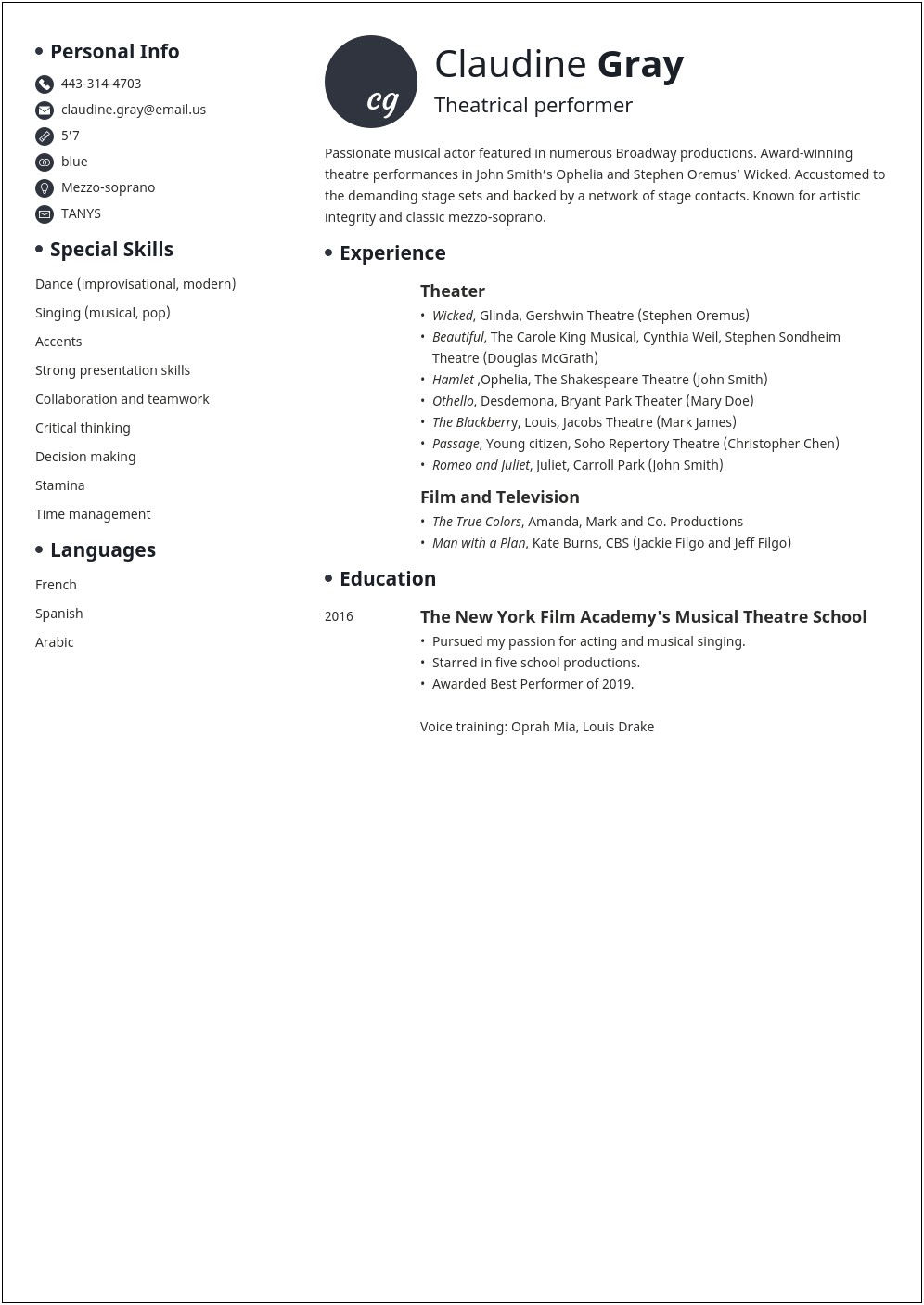 Example Of Musical Theater Resume