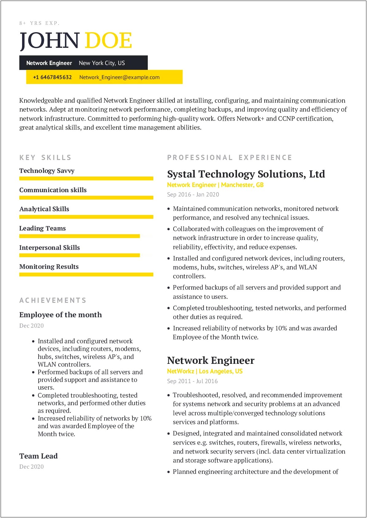 Example Of Network Infrastructure Resume