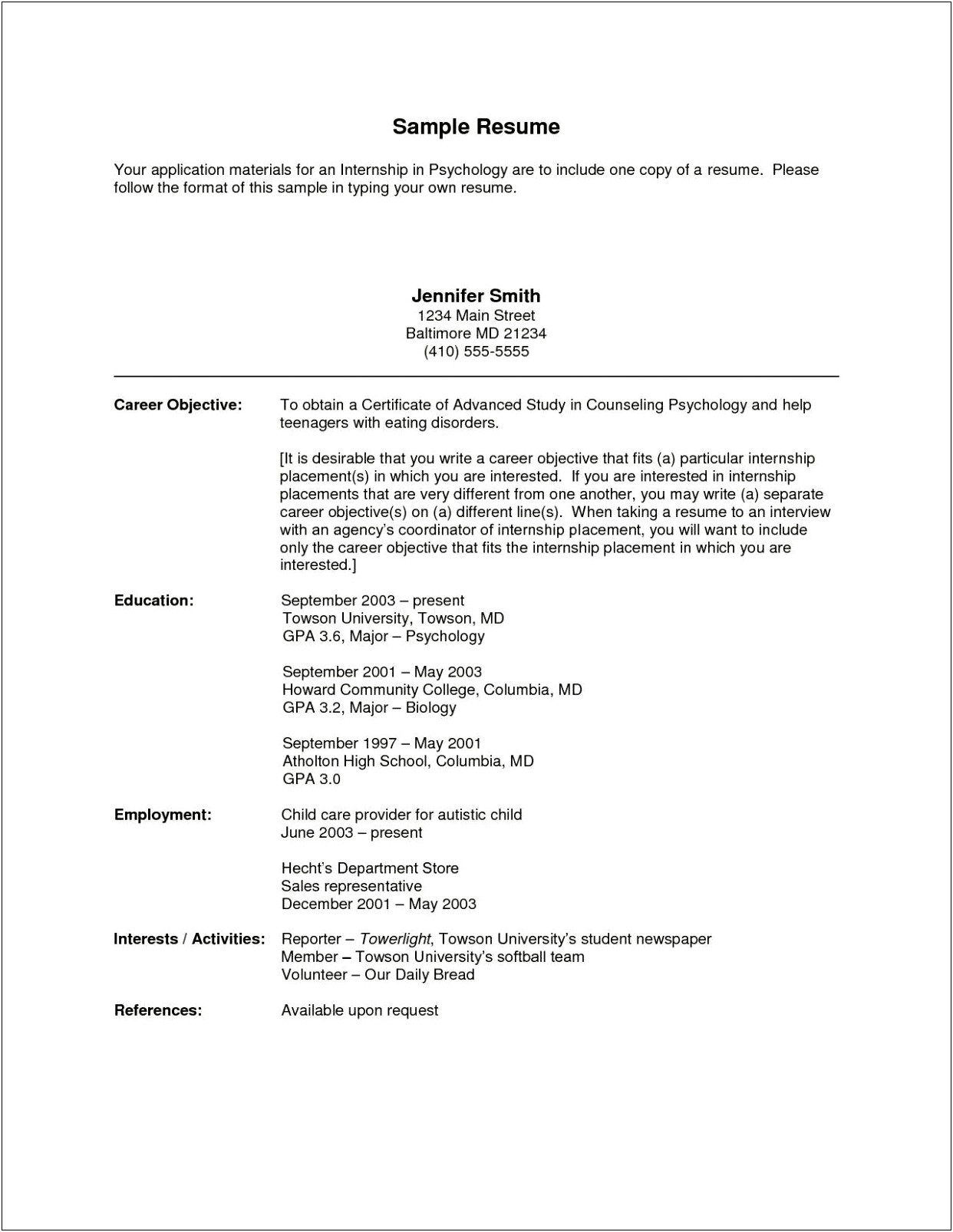 Example Of Objective For Internship Resume