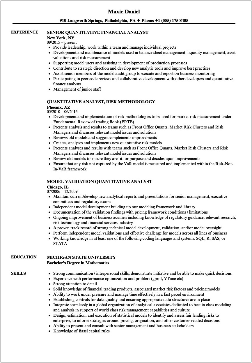 Example Of Objective In A Quantitative Finance Resume