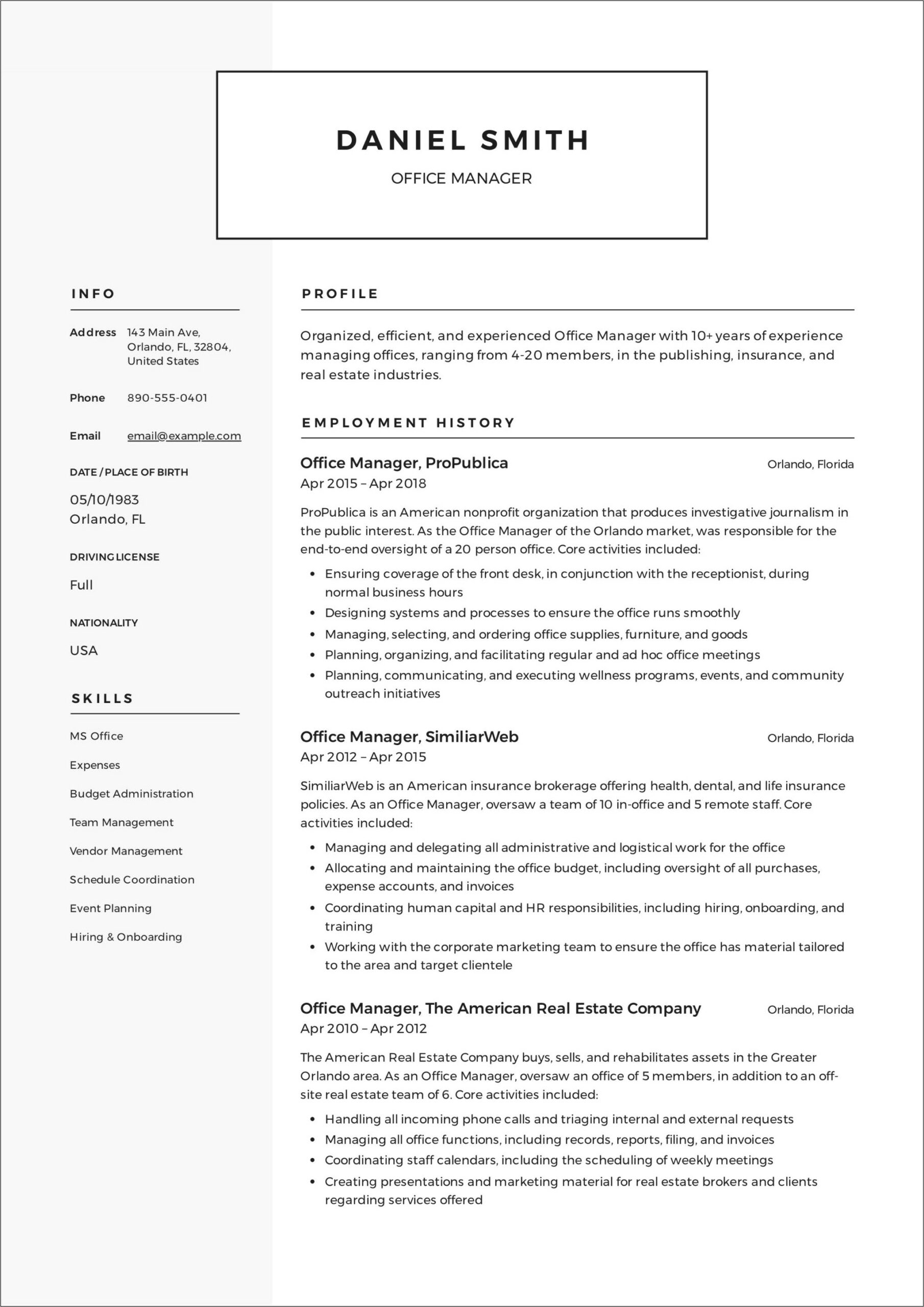 Example Of Office Administrator Resume
