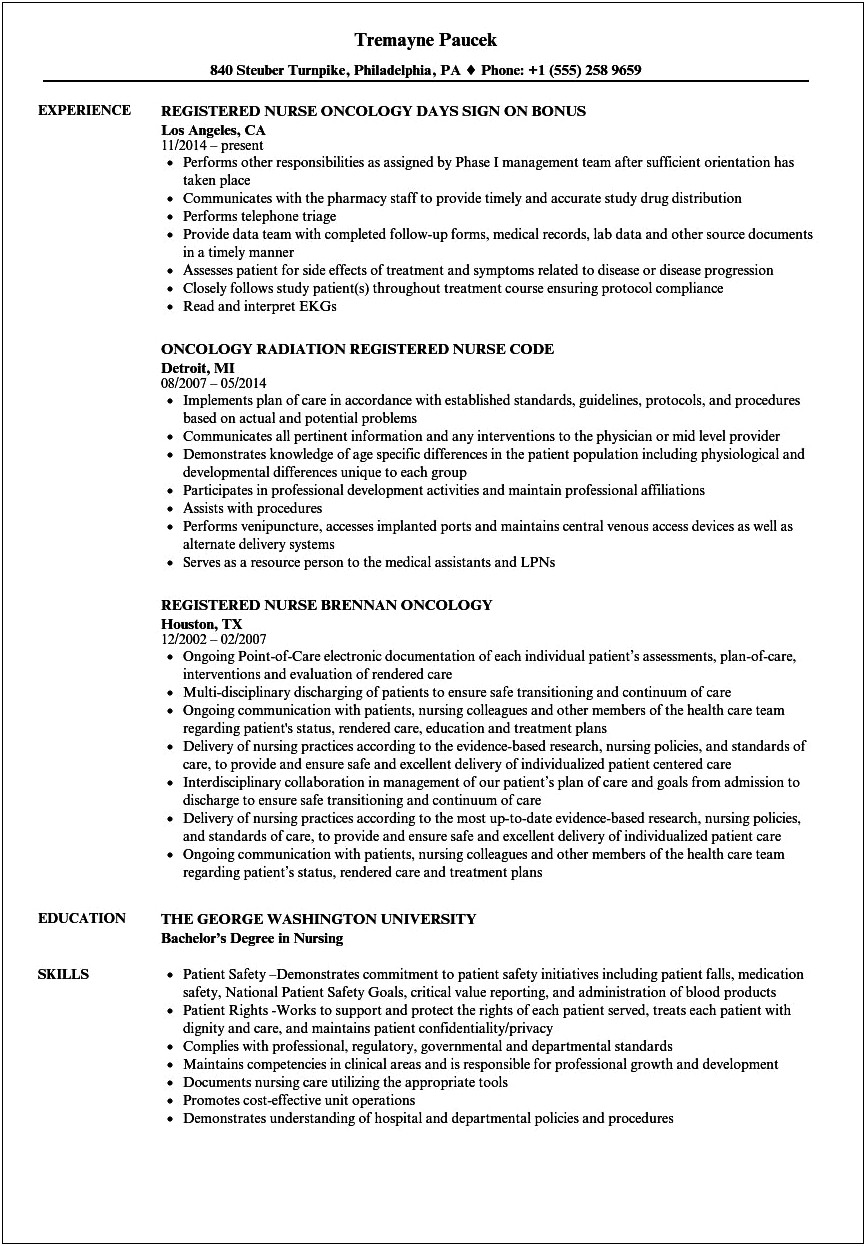 Example Of Oncology Nurse Resume