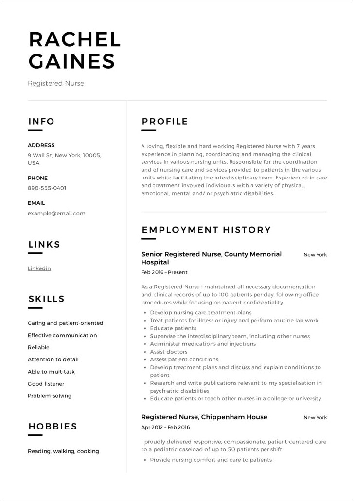 Example Of One Year Experience Nurse Resume