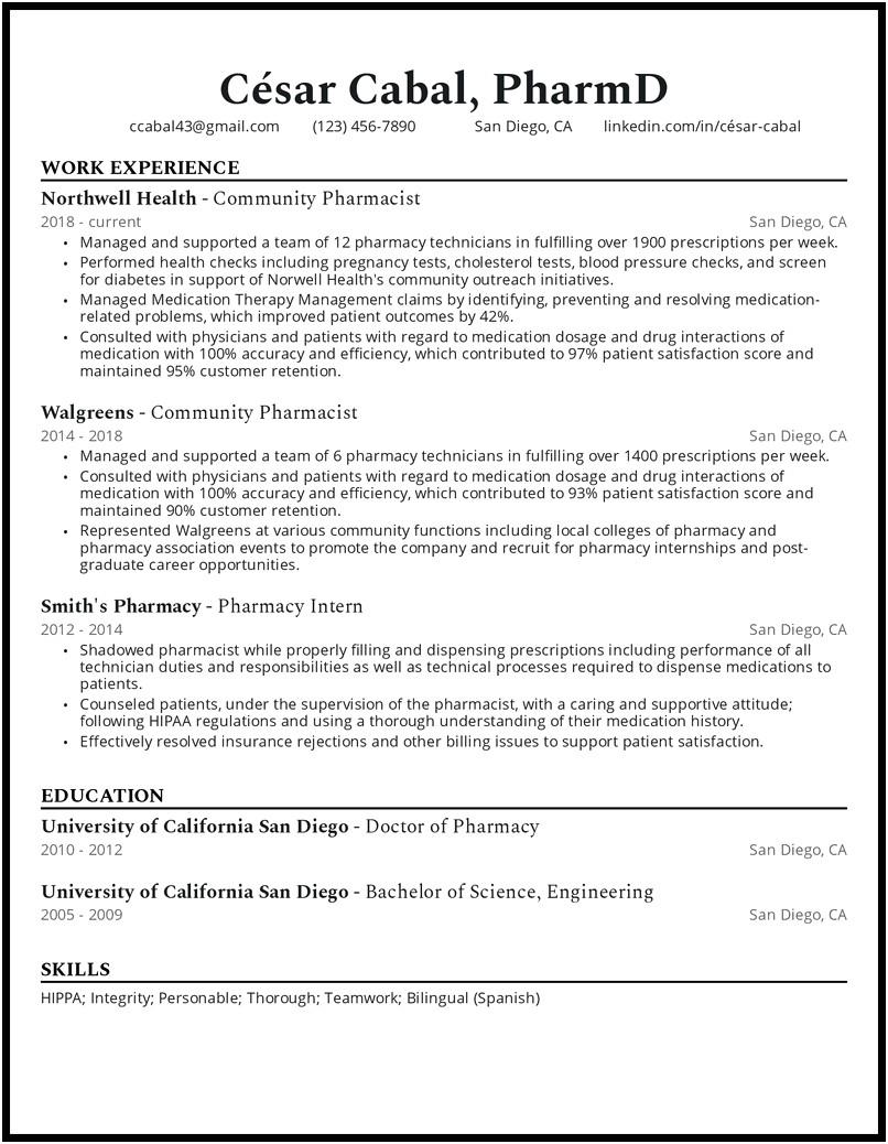 Example Of Pharmacy Intern Resume