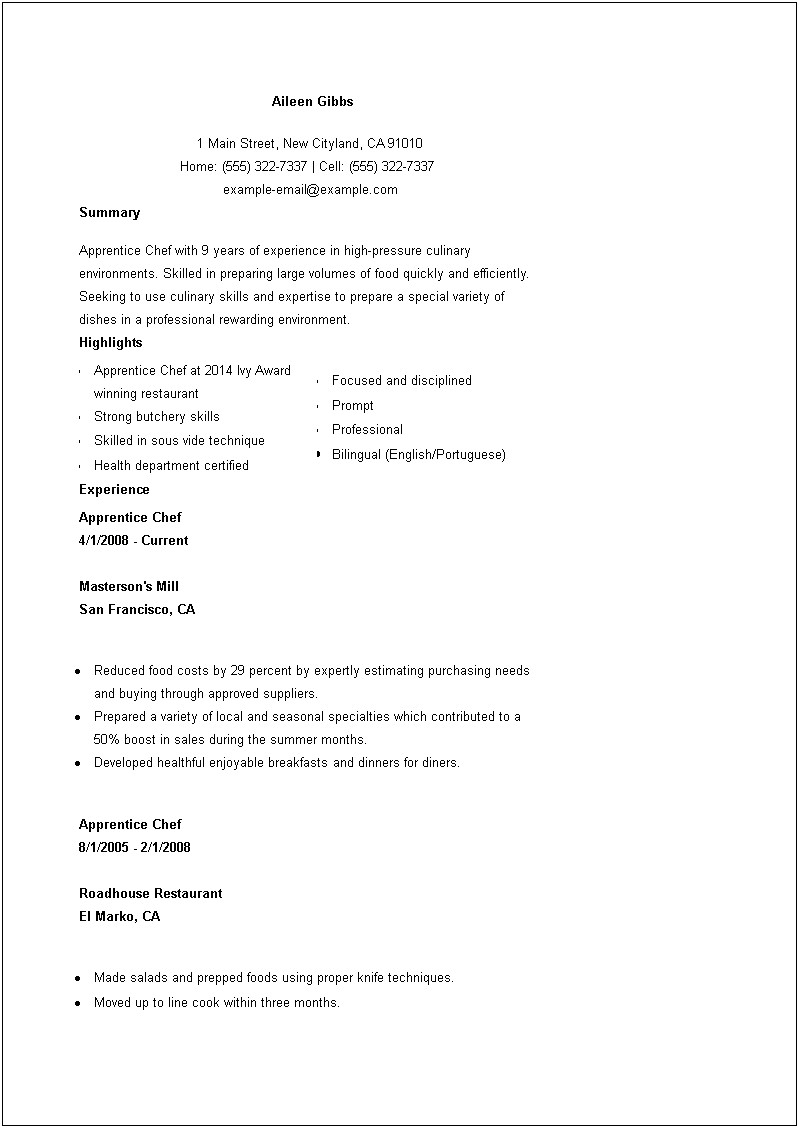 Example Of Prep Cook Resume