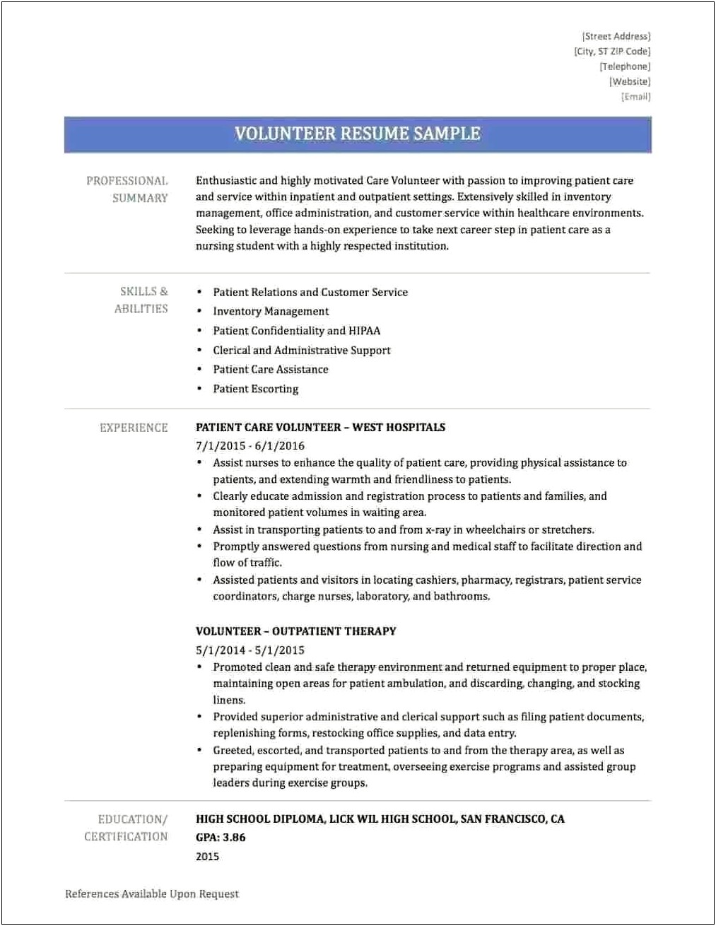 Example Of Preschool Volunteer Resume