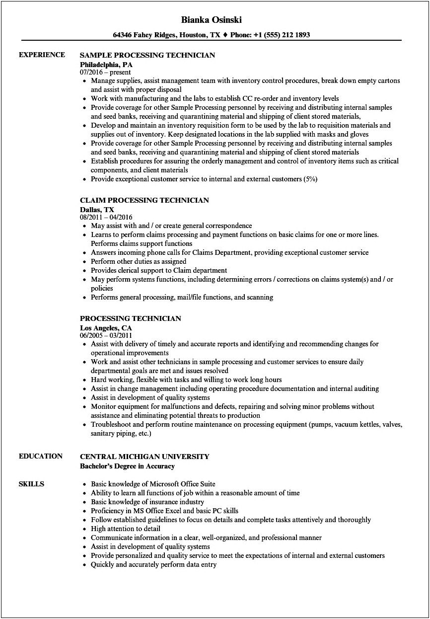 Example Of Processing Technician Resume