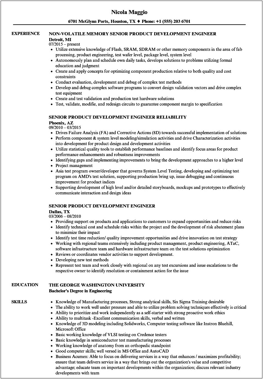 Example Of Product Engineer Resume