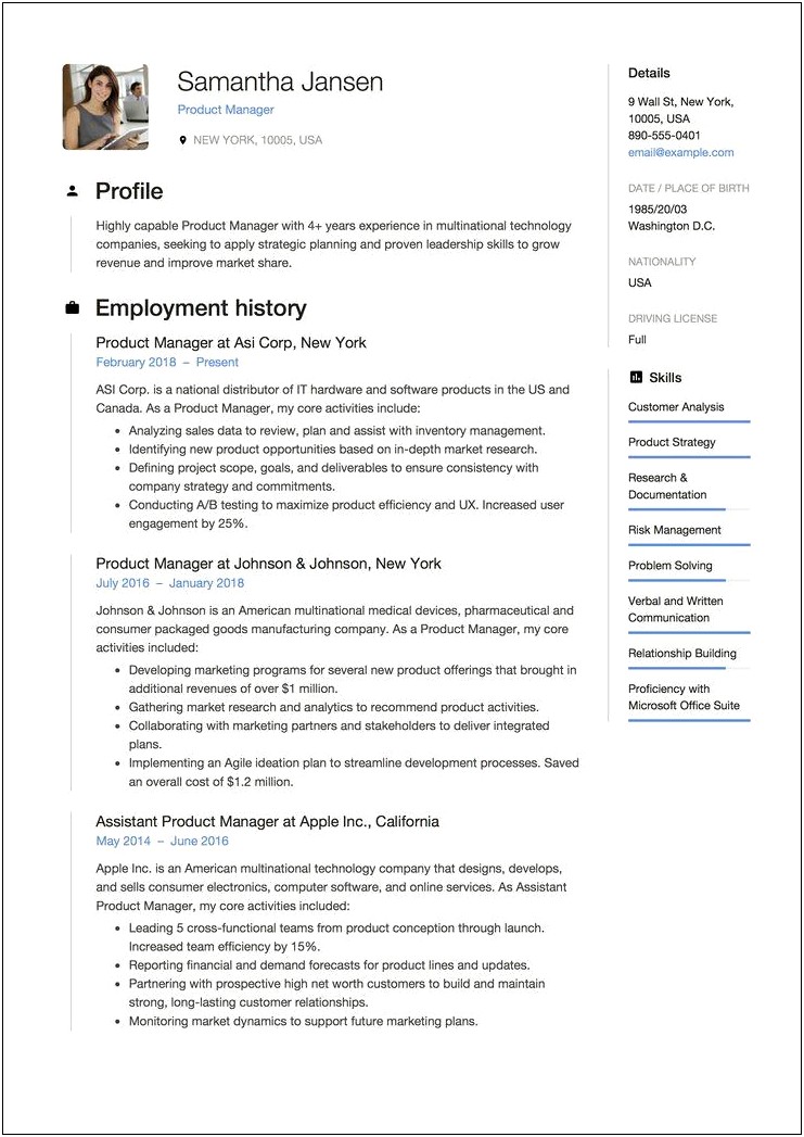 Example Of Product Manager Resume