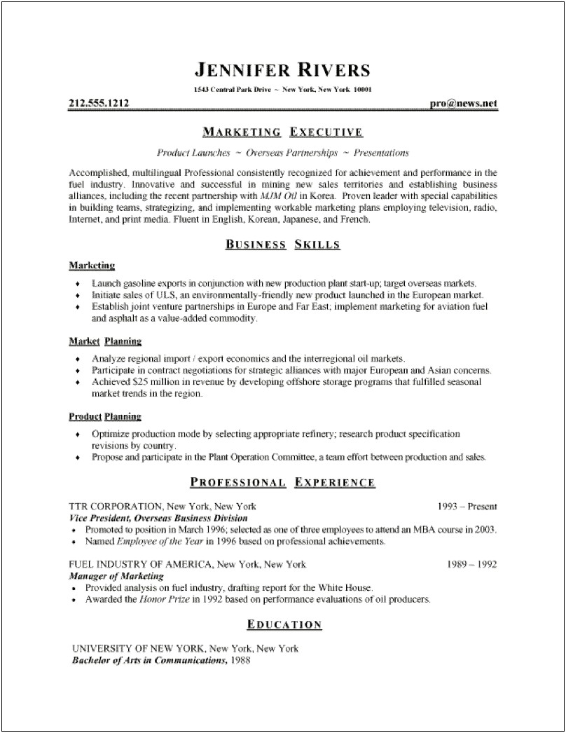 Example Of Professional Business Resume