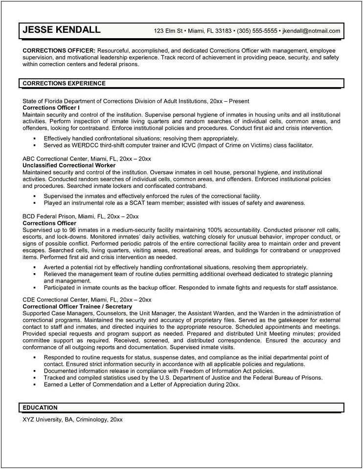 Example Of Professional Profile For Corrections On Resume