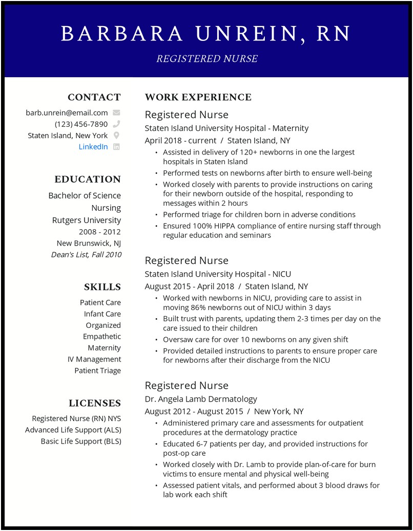 Example Of Professional Resume For Nurse