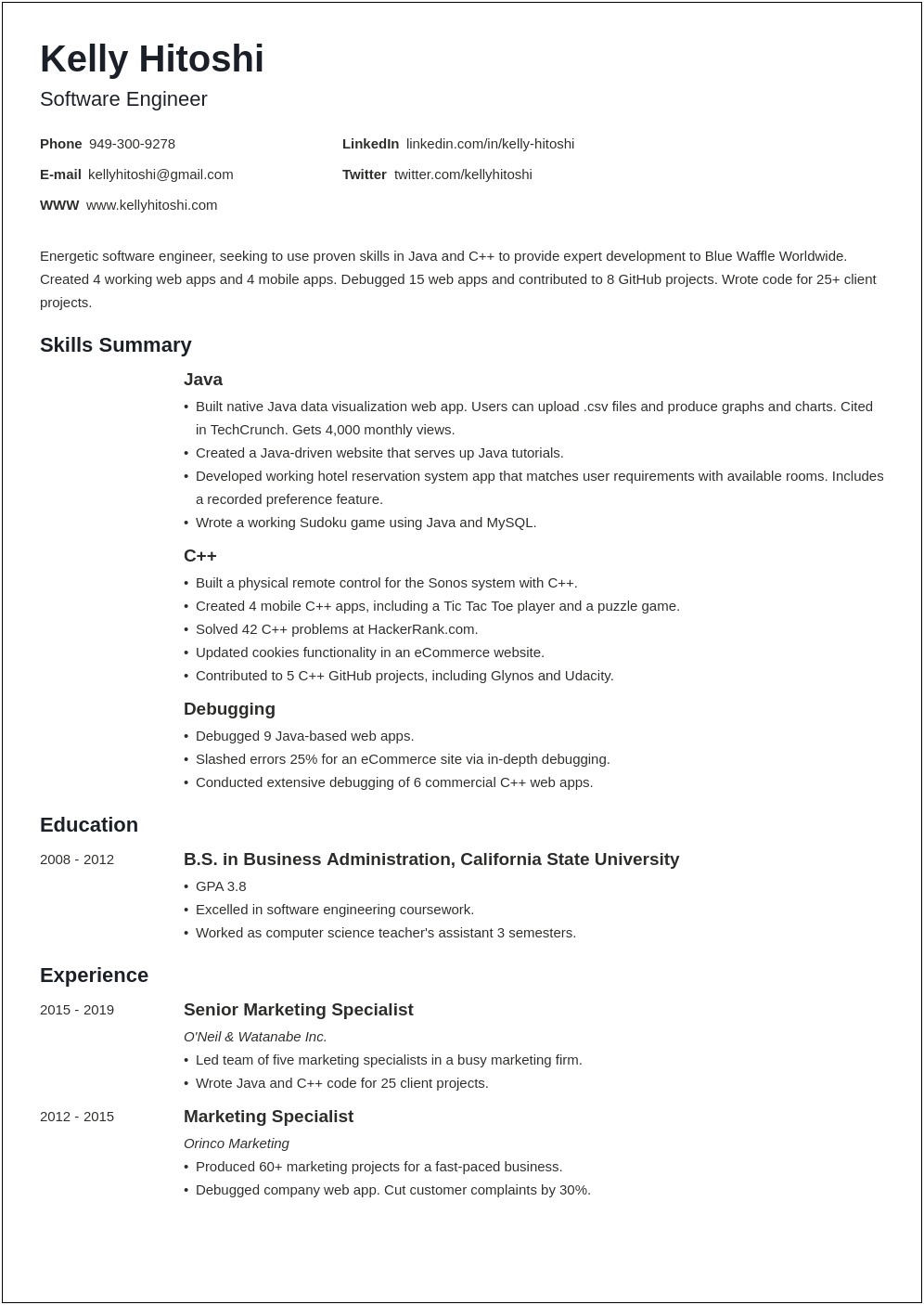 Example Of Professional Resume Objective