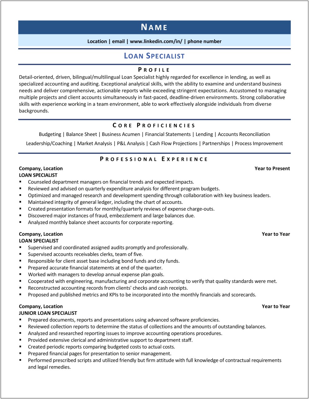 Example Of Professional Resume To Obtain Loan