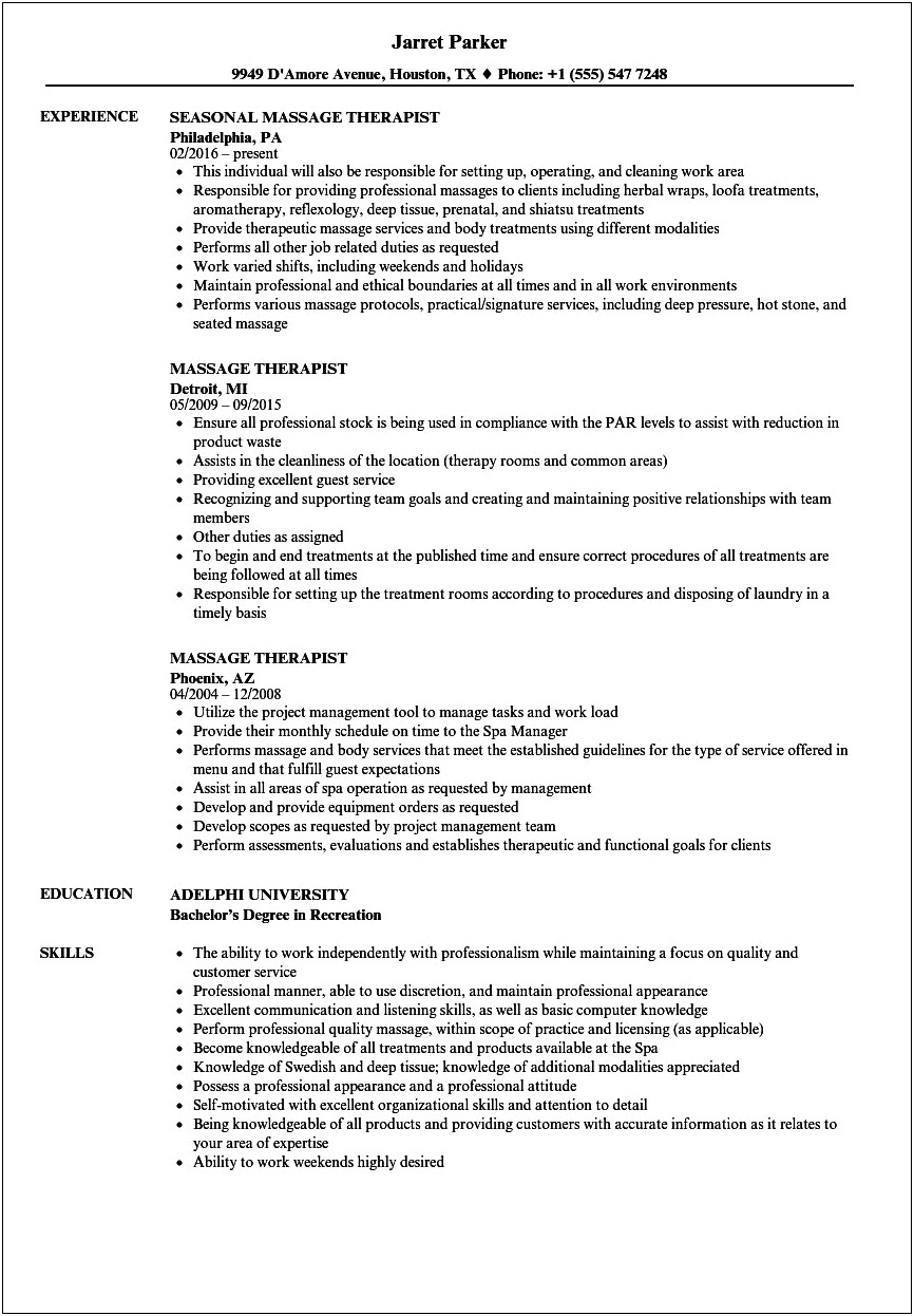 Example Of Profile On Resume For Massage Therapist