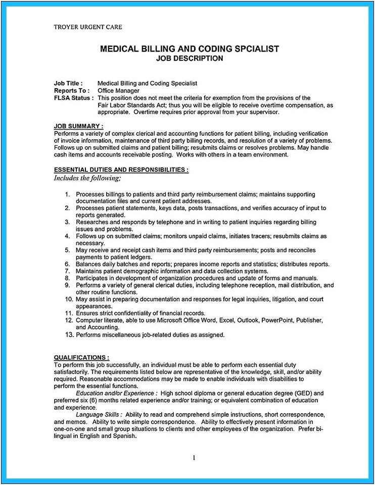 Example Of Reimbursement Specialist Resume